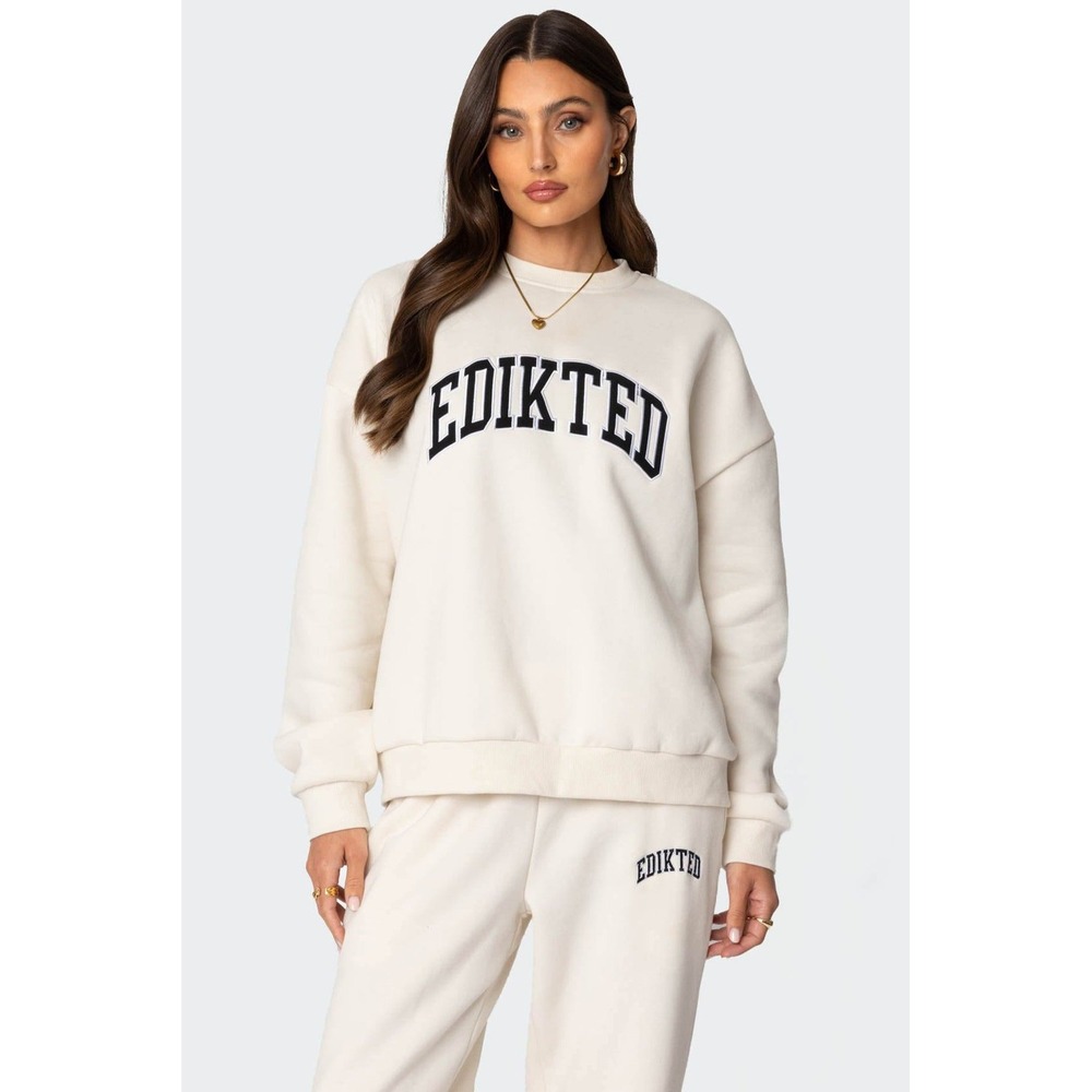Edikted Womens Oversized Crewneck Ivory Embroidered Logo Sweatshirt Medium